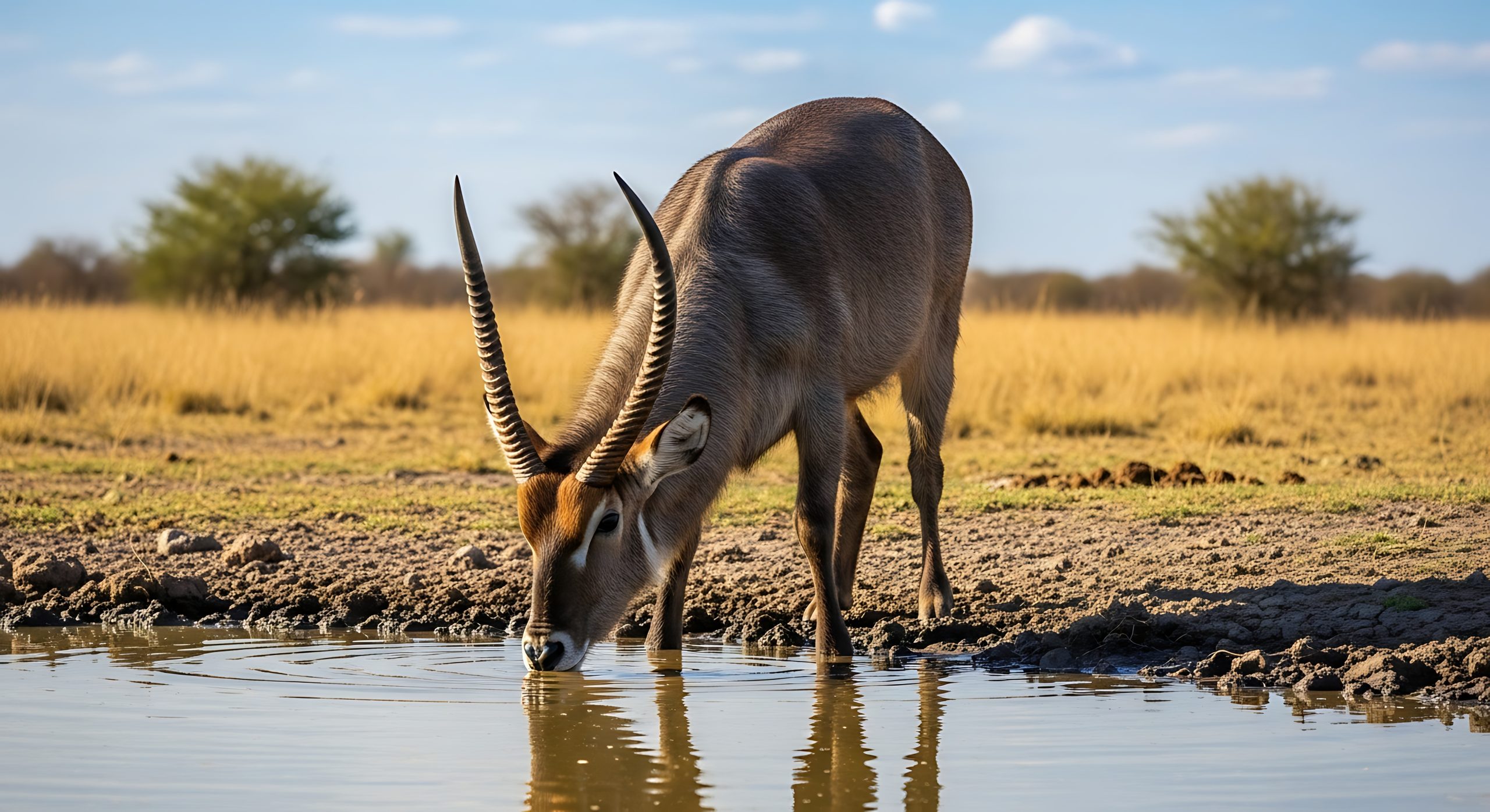 A waterbuck drinks from a watering hole on a sunny day in an open grassland. Dry vegetation surrounds the mammal, under a blue sky